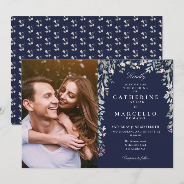 Invitation Fleurs de Bleu Marine Cascade de Photo de Mariage (Devant / Derrière)