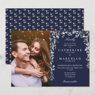 Invitation Fleurs de Bleu Marine Cascade de Photo de Mariage