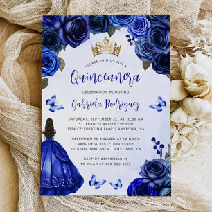Invitation Fleurs de bleu royal Princesse aquarelle Quinceañe