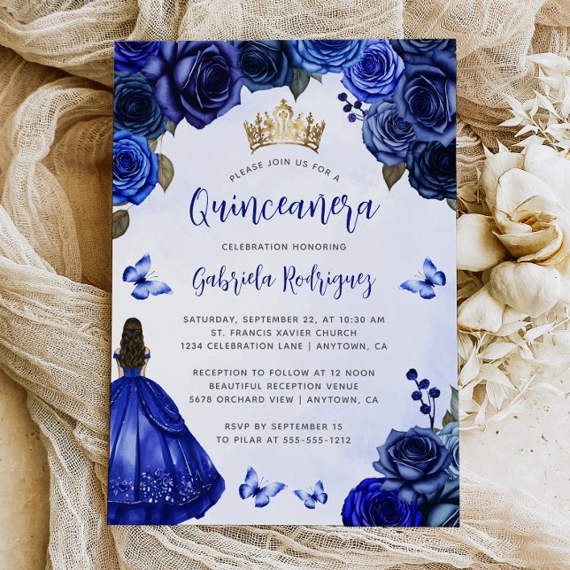Invitation Fleurs de bleu royal Princesse aquarelle Quinceañe (Créateur téléchargé)