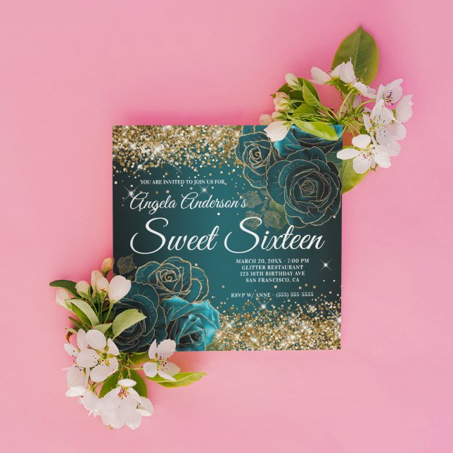 Invitation Fleurs de Bleu Sarcelle Paillettes Or Glam Sweet S (Create your own Sweet 16 birthday invitation for her.)