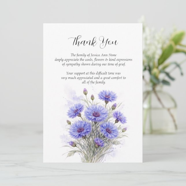 Invitation Fleurs de bleuets Sympathie Fleurs Funéraire Merci (Debout devant)