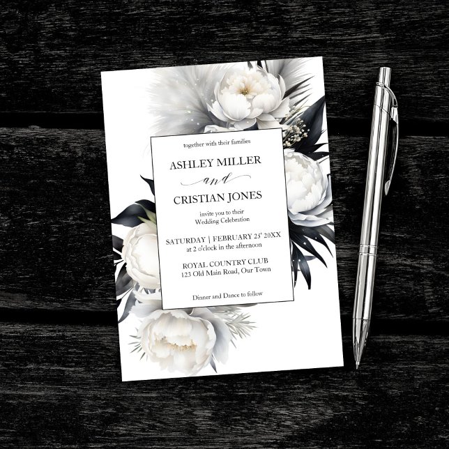 Invitation Fleurs de boho noir et blanc élégant mariage (Black and white elegant boho flowers elegant wedding editable template invitation digital download)