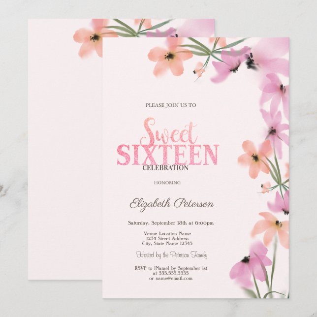 Invitation Fleurs de boho rose à l'aquarelle Fleurs sauvages  (Devant / Derrière)
