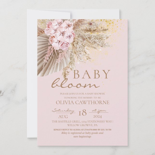Invitation Fleurs de Boho Rose Vive Bébé Fille Douche (Devant)
