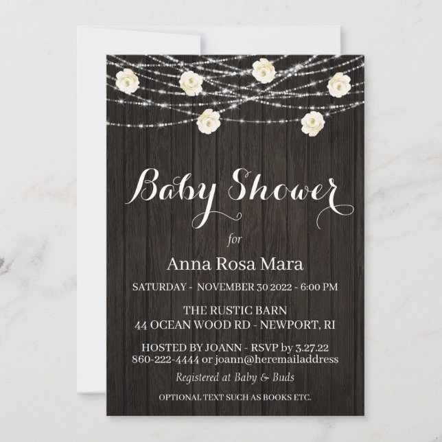 Invitation *~* Fleurs de bois rustique Lumières Baby shower R (Devant)
