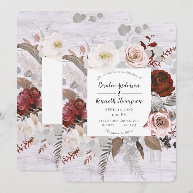 Invitation Fleurs de bois rustique mariage rouge gris rose (Devant / Derrière)