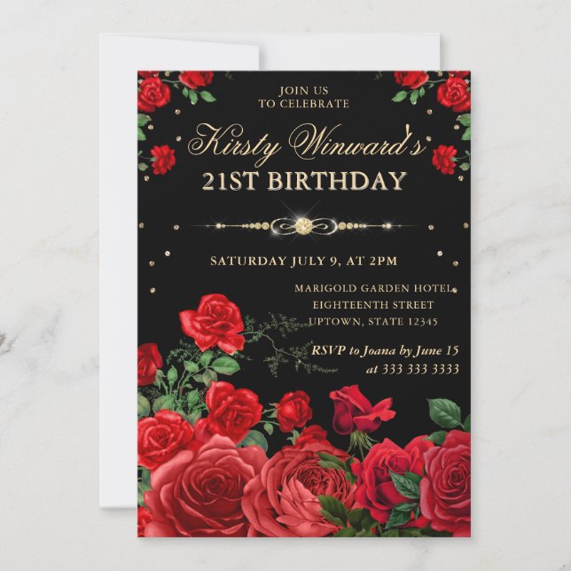 Invitation Fleurs de bordure de roses rouges pour 21e anniver (Devant)