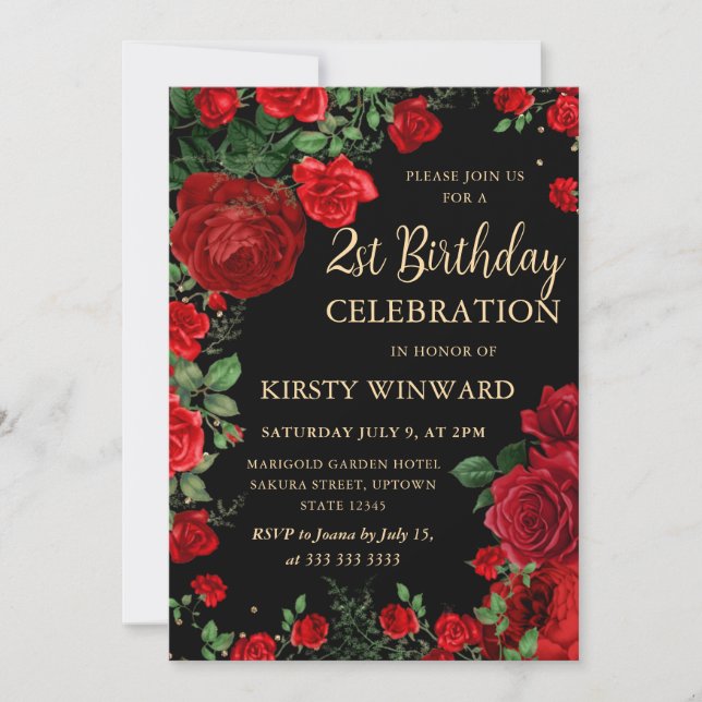 Invitation Fleurs de bordure de roses rouges pour 21e anniver (Devant)