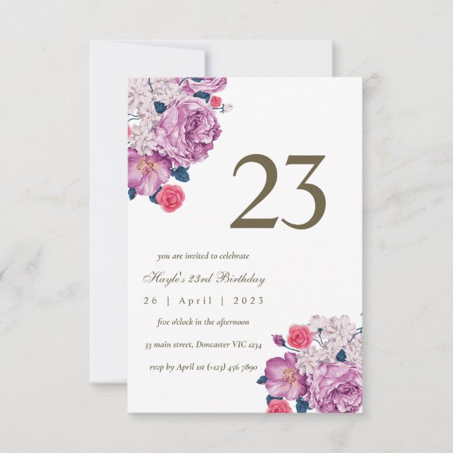 Invitation Fleurs de Botanique Violettes Simple Chic 23e Anni (Devant)