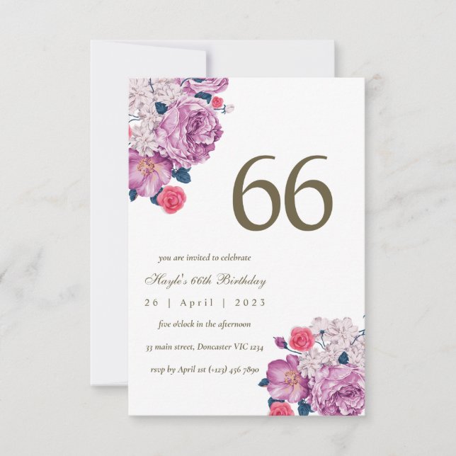 Invitation Fleurs de Botanique Violettes Simple Chic 66e Anni (Devant)