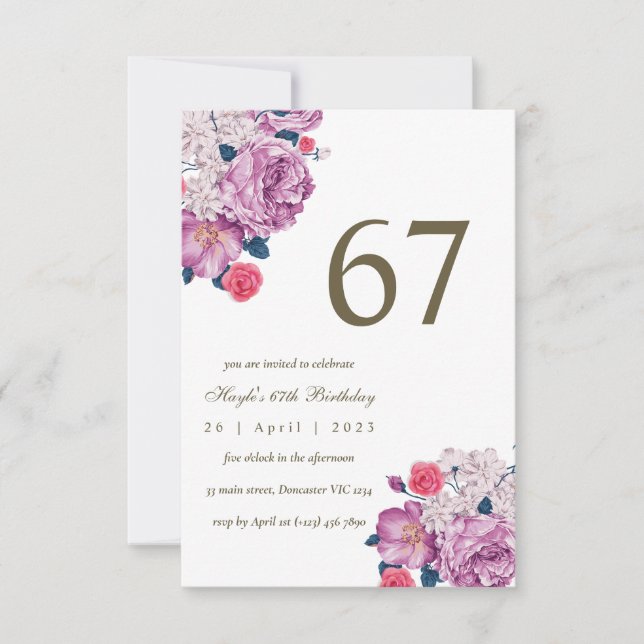 Invitation Fleurs de Botanique Violettes Simple Chic 67e Anni (Devant)