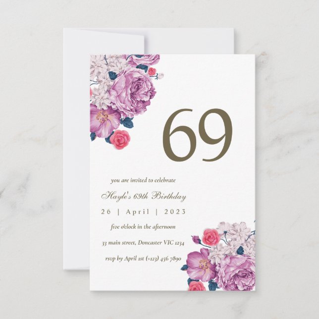 Invitation Fleurs de Botanique Violettes Simple Chic 69e Anni (Devant)