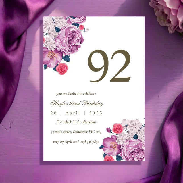 Invitation Fleurs de Botanique Violettes Simple Chic 92e Anni (Créateur téléchargé)