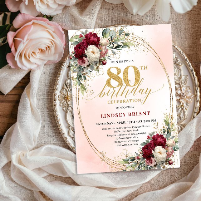 Invitation Fleurs de Bourgogne à l'aquarelle douce pour 80e a (Soft Watercolor Burgundy Floral 80th Birthday Invite)