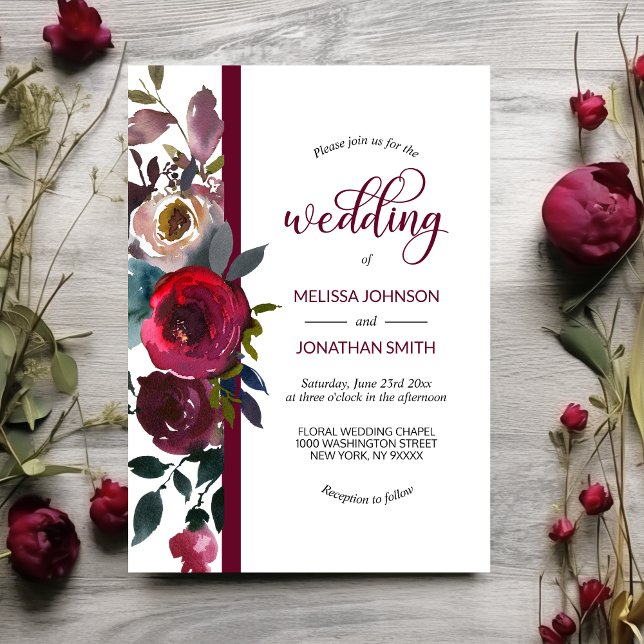 Invitation Fleurs de Bourgogne au vin Marsala Merlot Roses Ma (Floral Burgundy Marsala Merlot Wine Roses Wedding Invitation)
