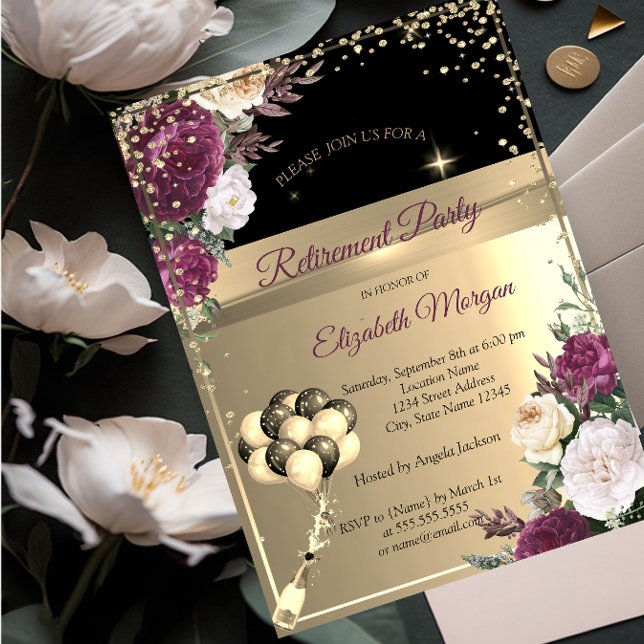 Invitation Fleurs de Bourgogne, Ballons Diamants Fête de Retr (Créateur téléchargé)