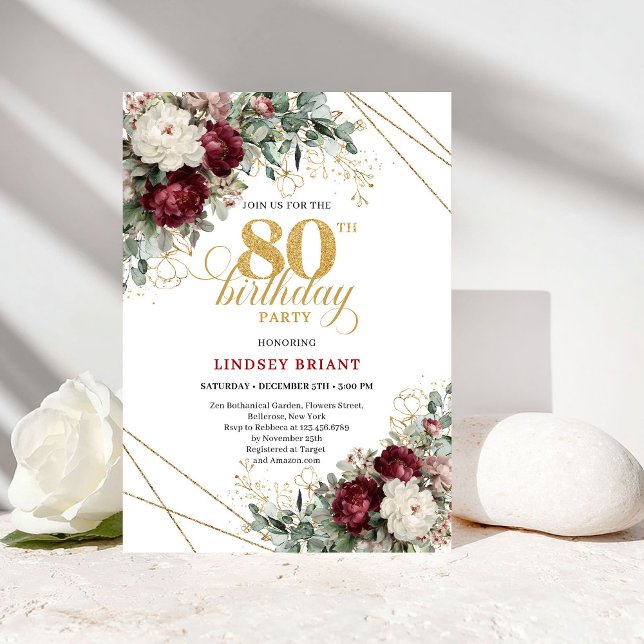 Invitation Fleurs de Bourgogne Boho Verdure 80e Anniversaire (Burgundy Floral Boho Greenery 80th Birthday)