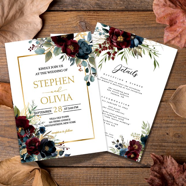 Invitation Fleurs de Bourgogne élégantes pour mariage avec dé (Créateur téléchargé)