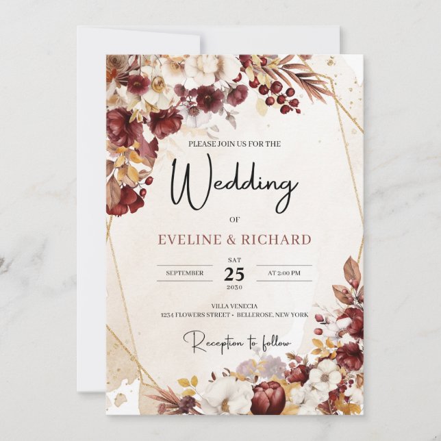 Invitation Fleurs de Bourgogne et d'automne et cadre en or fe (Devant)