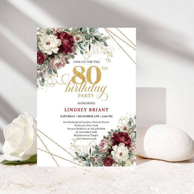 Invitation Fleurs de Bourgogne Eucalyptus Or 80e Anniversaire (Burgundy Flowers Eucalyptus Gold 80th Birthday)