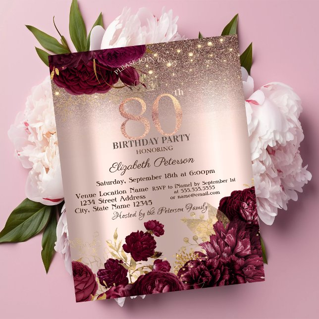 Invitation Fleurs de Bourgogne Pailletées Rose Doré 80e Anniv (Créateur téléchargé)
