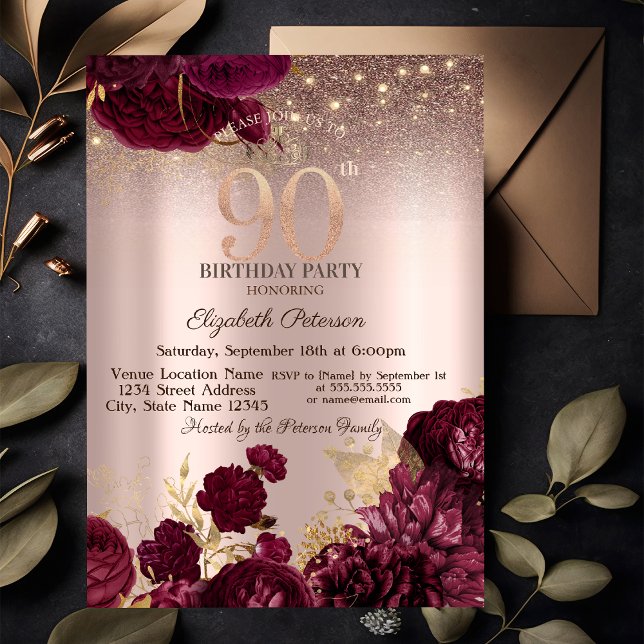 Invitation Fleurs de Bourgogne Pailletées Rose Doré 90e Anniv (Créateur téléchargé)