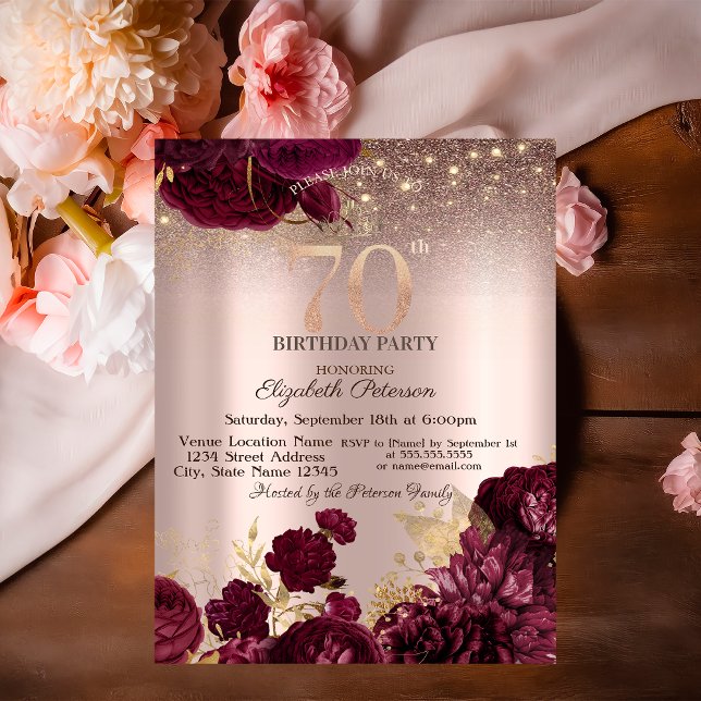 Invitation Fleurs de Bourgogne Paillettes Rose Doré 70 ans An (Créateur téléchargé)