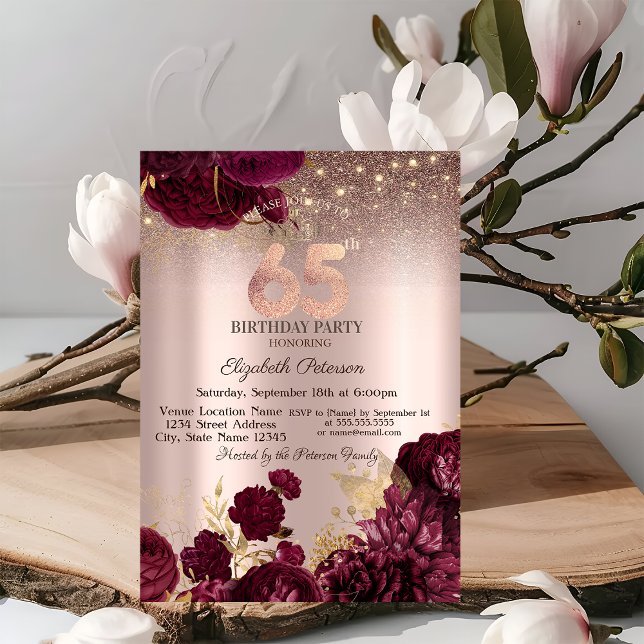 Invitation Fleurs de Bourgogne Paillettes Rose Or 65e Anniver (Créateur téléchargé)