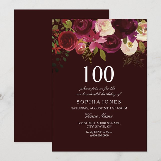 Invitation Fleurs de Bourgogne profonde 100e anniversaire Inv (Devant / Derrière)