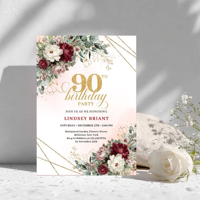 Invitation Fleurs de Bourgogne raffinées Eucalyptus 90e anniv (Refined Burgundy Flowers Eucalyptus 90th Birthday)