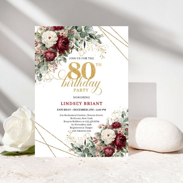 Invitation Fleurs de Bourgogne Romantiques Verdure Or 80e Ann (Romantic Burgundy Flowers Greenery Gold 80th Birthday Card

)