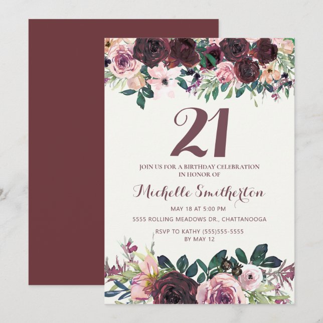 Invitation Fleurs de Bourgogne rose 21e anniversaire (Devant / Derrière)