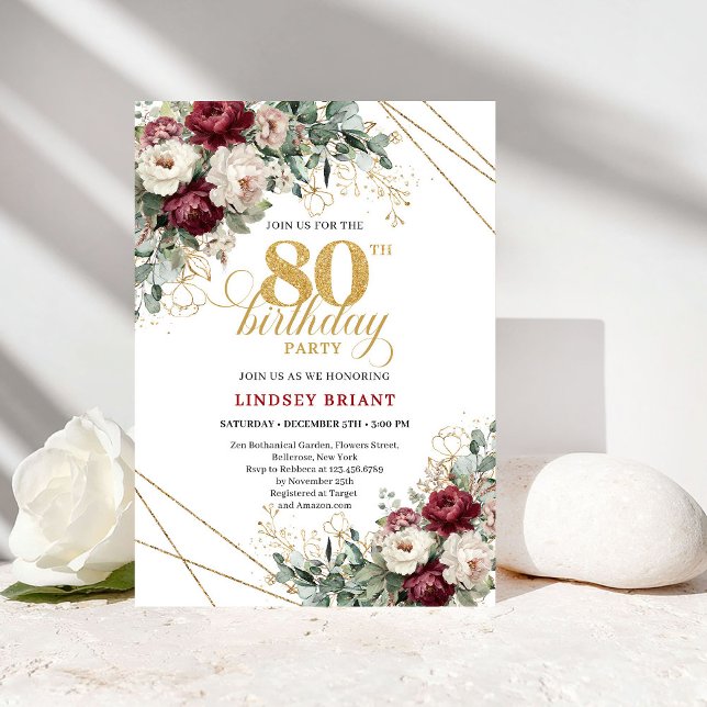 Invitation Fleurs de Bourgogne Rouge Verdure Or 80 Anniversai (Burgundy Maroon Flowers Greenery Gold 80th Birthday)