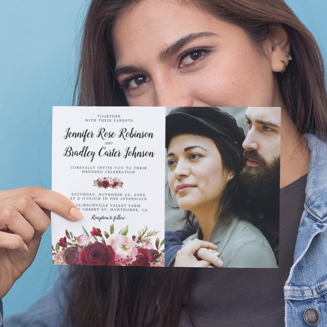 Invitation Fleurs de Bourgogne Rouges Campagne Photo Mariage (Créateur téléchargé)