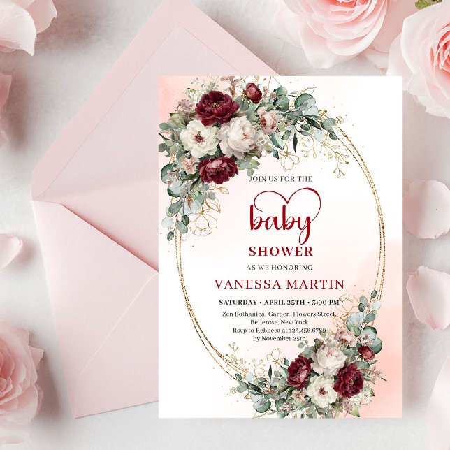 Invitation Fleurs de Bourgogne Tendances Eucalyptus Baby Show (Trendy Burgundy Flowers Eucalyptus Baby Shower Invite)