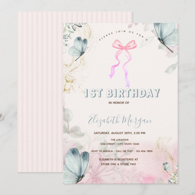 Invitation Fleurs de Bow Bleu Papillons rayés Anniversaire (Devant / Derrière)