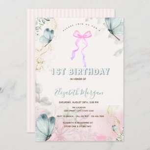 Invitation Fleurs de Bow Bleu Papillons rayés Anniversaire