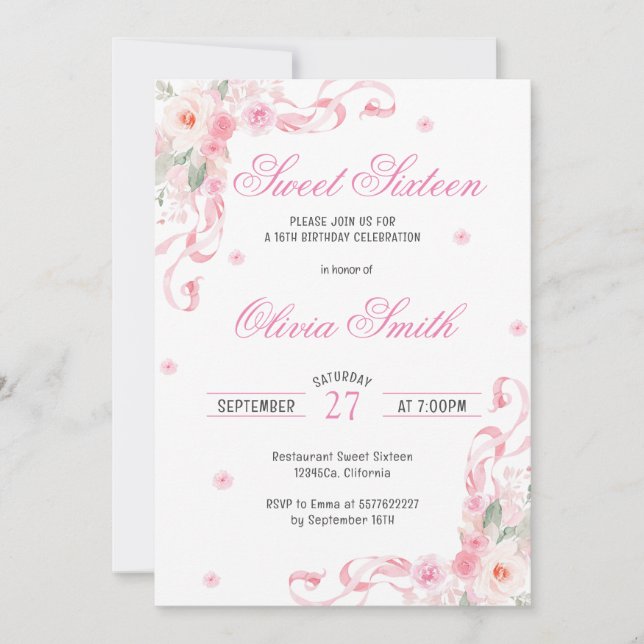 Invitation Fleurs de Bow rose pâle Sweet sixteen Anniversaire (Devant)