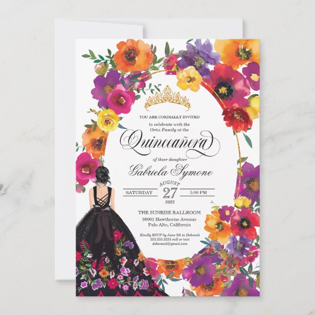 Invitation Fleurs de broderie Aquarelle Floral Quinceañera (Devant)