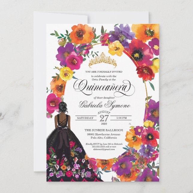 Invitation Fleurs de broderie Aquarelle Floral Quinceañera (Devant)