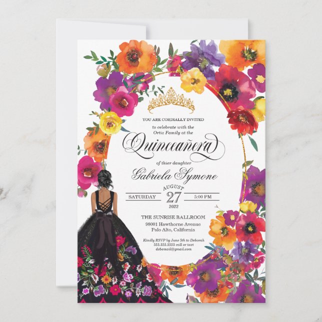 Invitation Fleurs de broderie Aquarelle Floral Quinceañera I (Devant)