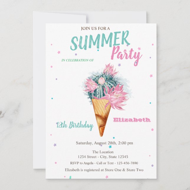Invitation Fleurs de cactus de glace Crème glacée Fête d'anni (Devant)