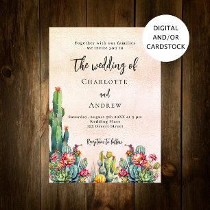 Invitation Fleurs de cactus mariage d'or rustique rose