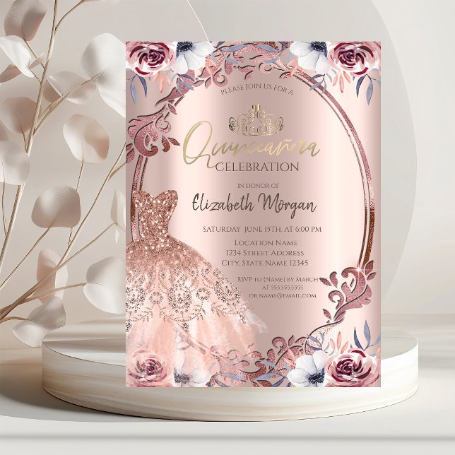 Invitation Fleurs de cadre Boho Robe Quinceañera (Créateur téléchargé)