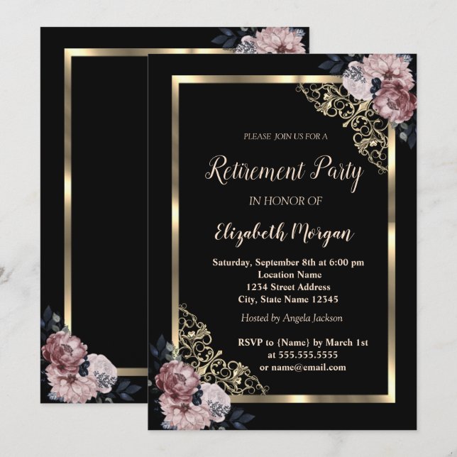 Invitation Fleurs de cadre doré élégant pour retraite  (Devant / Derrière)