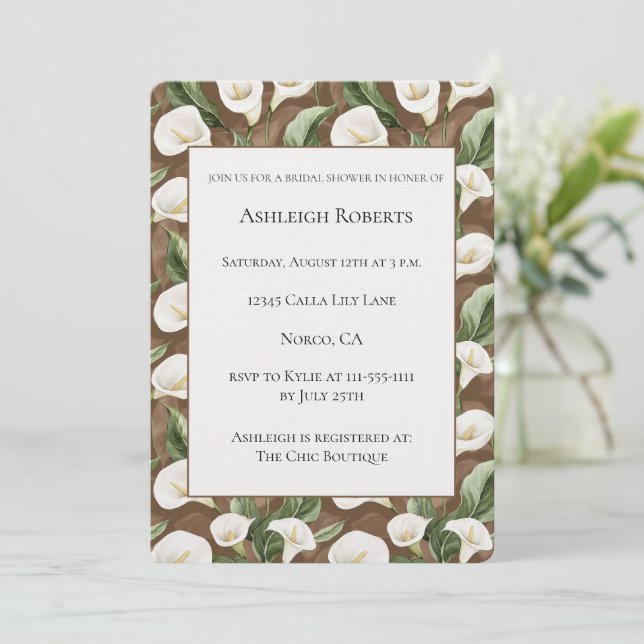 Invitation Fleurs de calla romantiques pour une douche de mar (Debout devant)