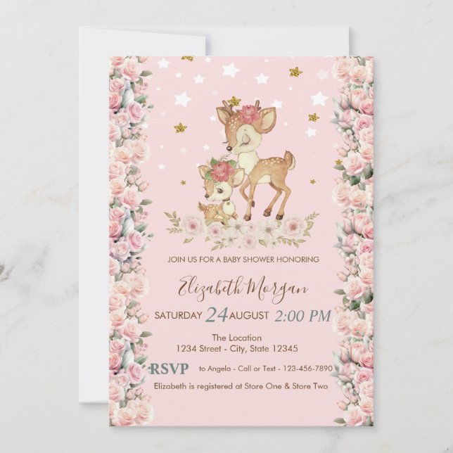 Invitation Fleurs de cerf bébé mignon Étoiles Roses Bain de b (Devant)