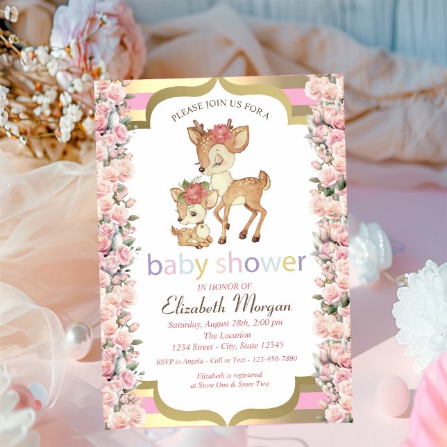 Invitation Fleurs de cerf bébé roses à rayures dorées Baby Sh (Créateur téléchargé)