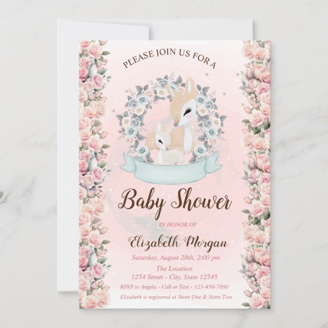 Invitation Fleurs de cerfs bébé Roses Baby Shower  (Devant)